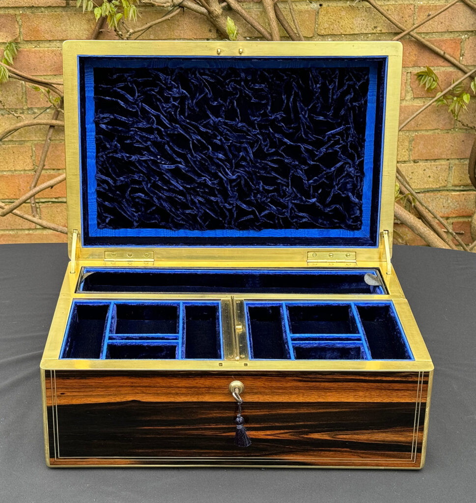 Front internal view of an Extra Large Antique Expanding Jewellery Box in Calamander.
