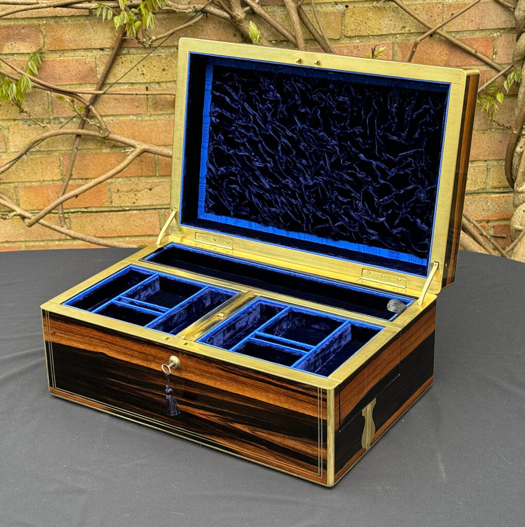 Front right internal view of an Extra Large Antique Expanding Jewellery Box in Calamander.
