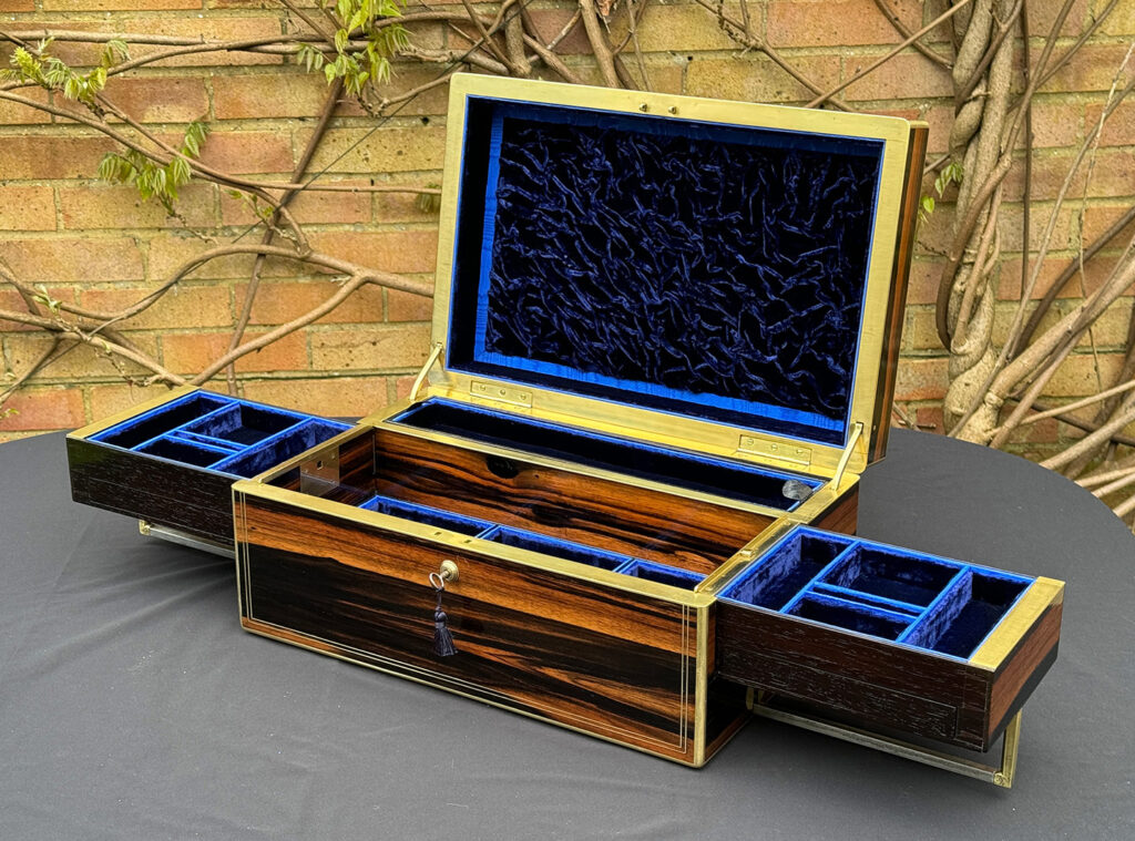 Front right internal view of an Extra Large Antique Expanding Jewellery Box in Calamander with side trays fully opened out.
