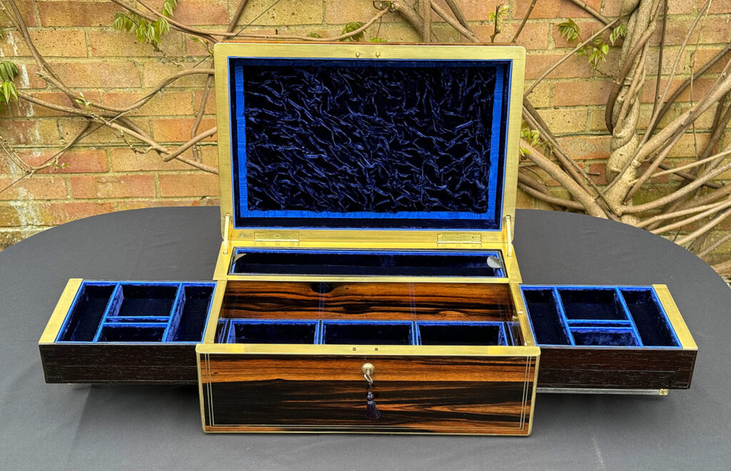 Front internal view of an Extra Large Antique Expanding Jewellery Box in Calamander with side trays fully opened out.