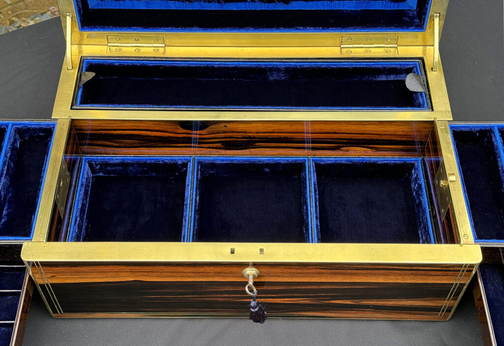Close up of the central interior section from an Extra Large Antique Expanding Jewellery Box in Calamander.