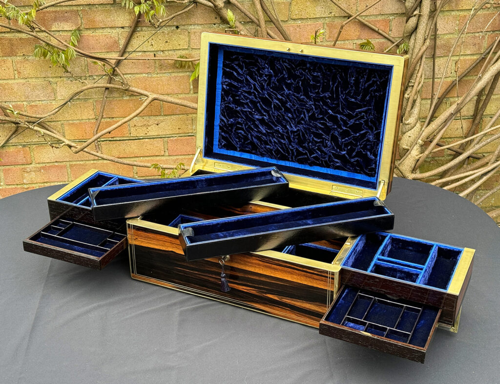 Front right internal view of an Extra Large Antique Expanding Jewellery Box in Calamander with rear trays removed.