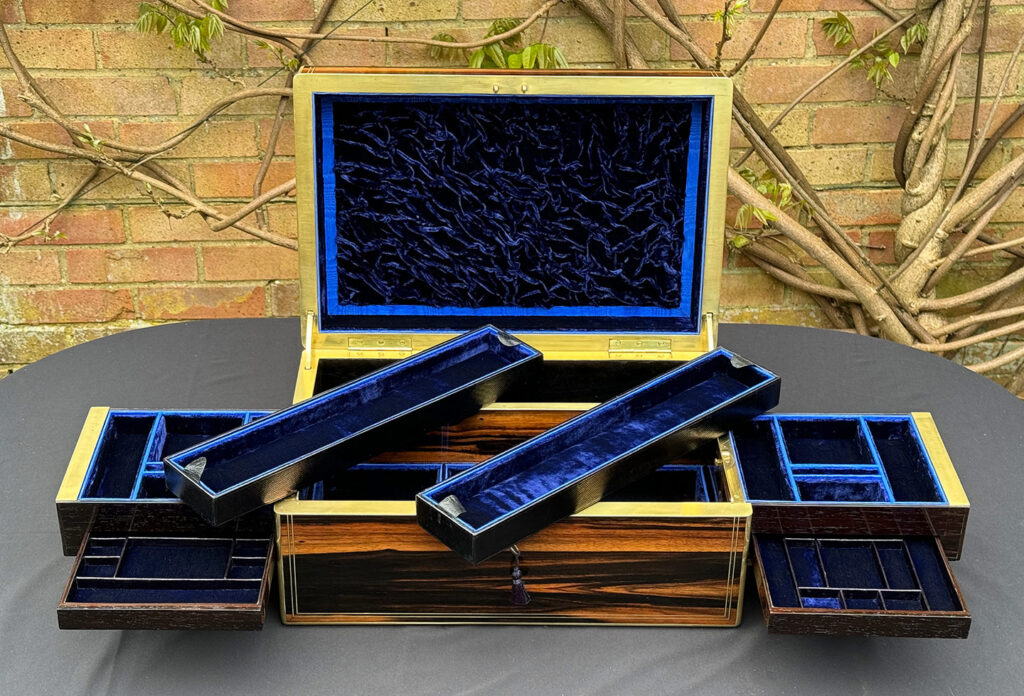 Front internal view of an Extra Large Antique Expanding Jewellery Box in Calamander with rear trays removed.