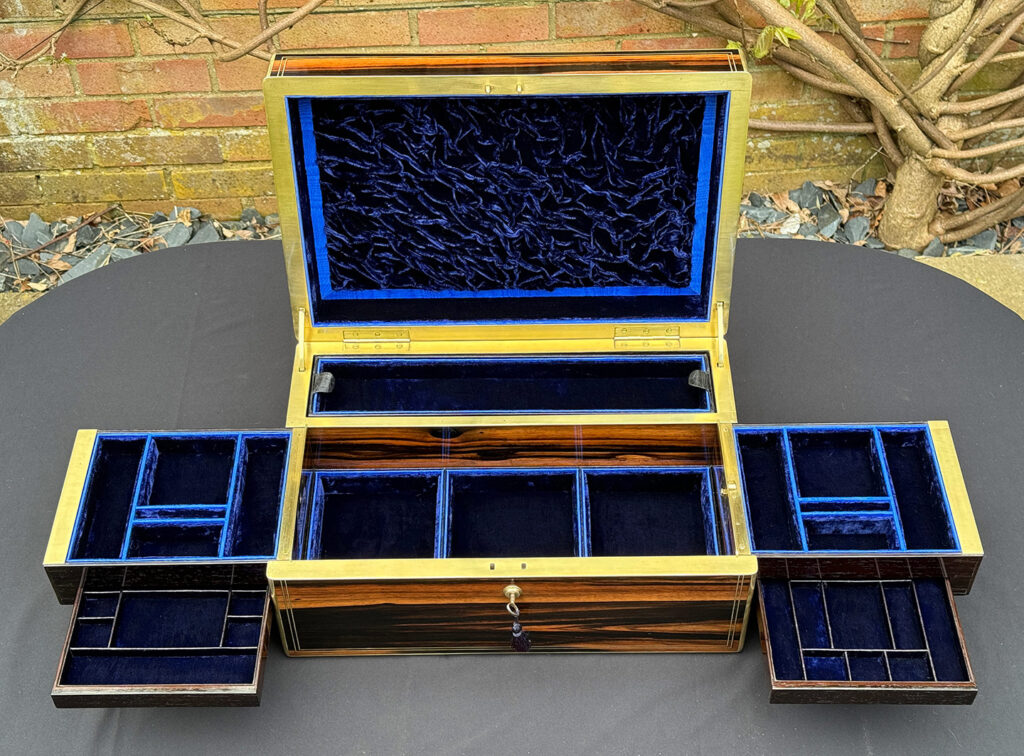 Overhead internal view of an Extra Large Antique Expanding Jewellery Box in Calamander.