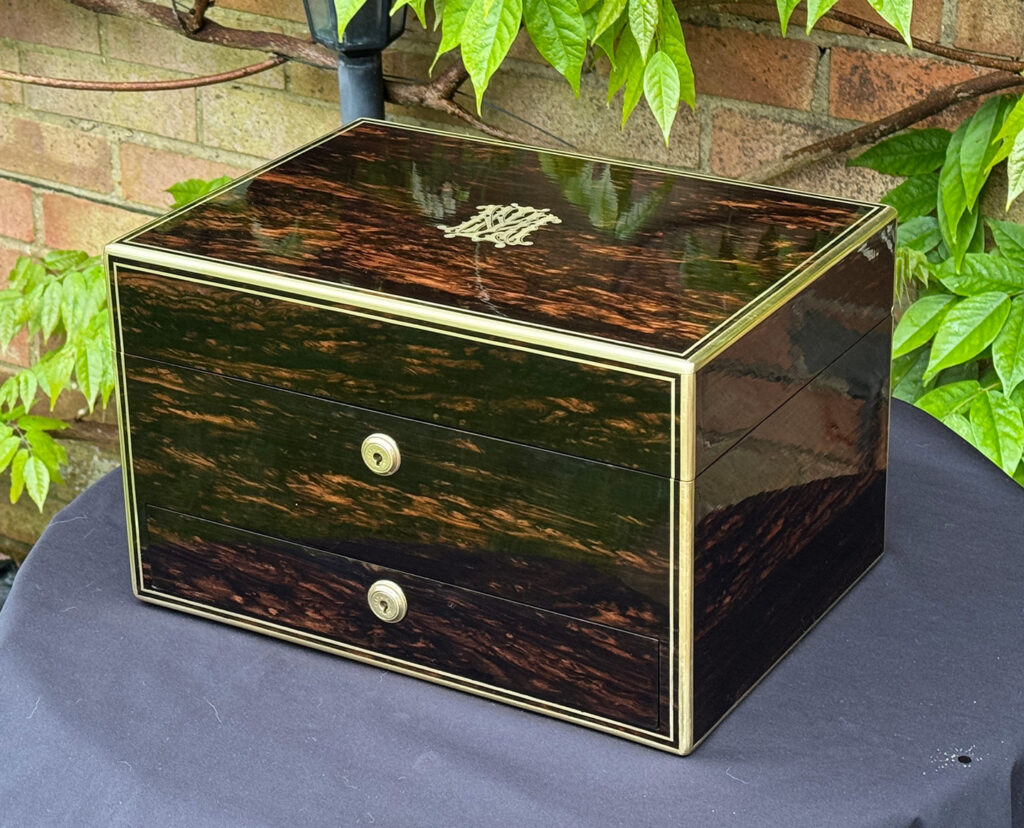 Front right view of an Antique Jewellery Box in Coromandel, by Asprey.