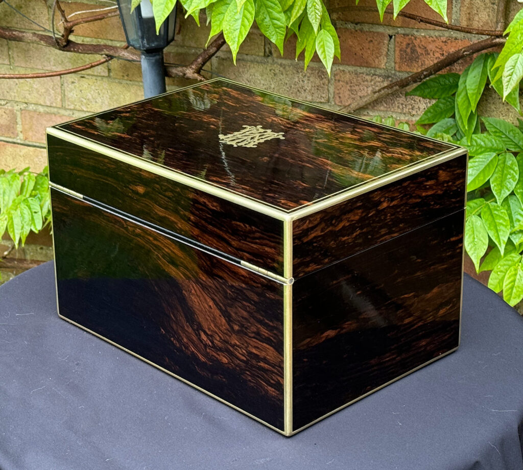 Rear left view of an Antique Jewellery Box in Coromandel, by Asprey.