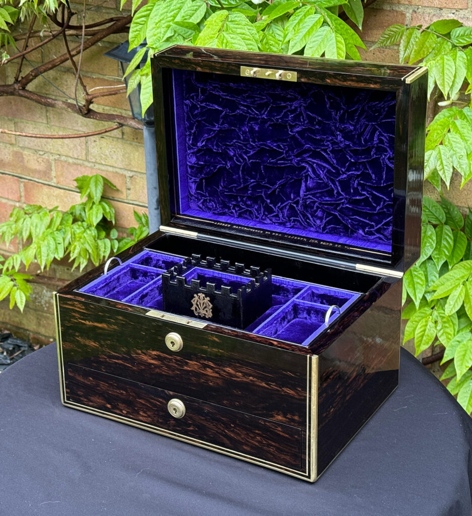 Front right internal view of an Antique Jewellery Box in Coromandel, by Asprey.