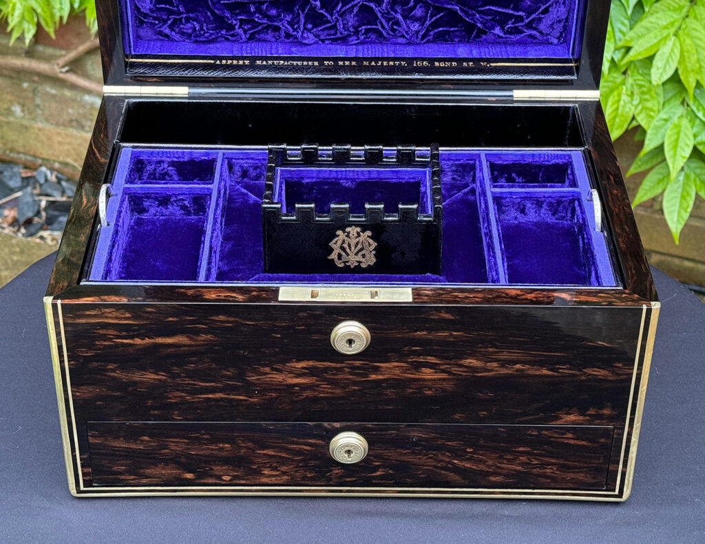 Closer interior view of an Antique Jewellery Box in Coromandel, by Asprey.