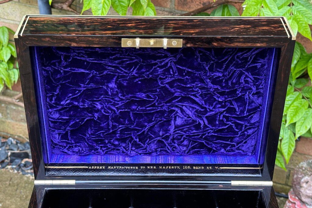 Close up of the ruched velvet from an Antique Jewellery Box in Coromandel, by Asprey.