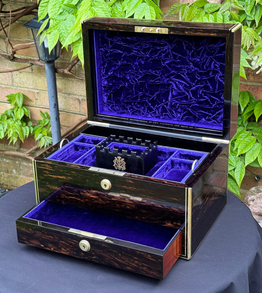 Front right internal view of an Antique Jewellery Box in Coromandel, by Asprey.