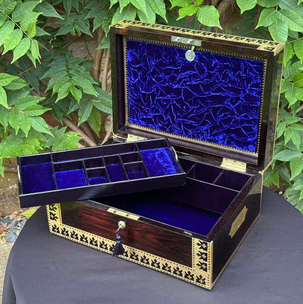 Front right internal view of an Antique Jewellery Box in Rosewood with Decorative Brass Inlay with tray removed.