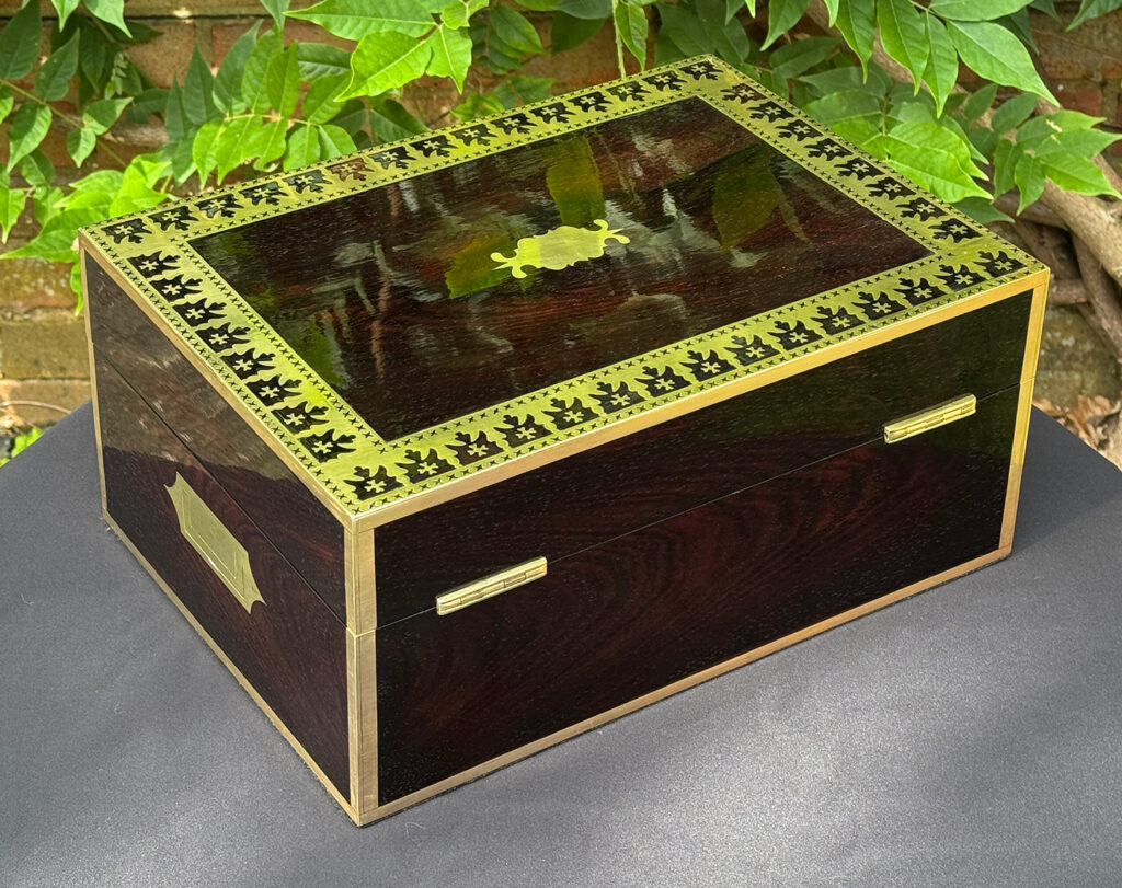 Rear right overhead view of an Antique Jewellery Box in Rosewood with Decorative Brass Inlay.