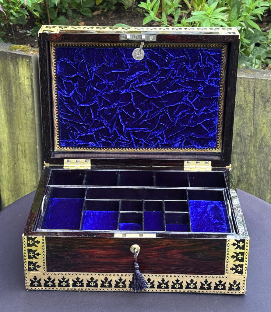 Front internal view of an Antique Jewellery Box in Rosewood with Decorative Brass Inlay.