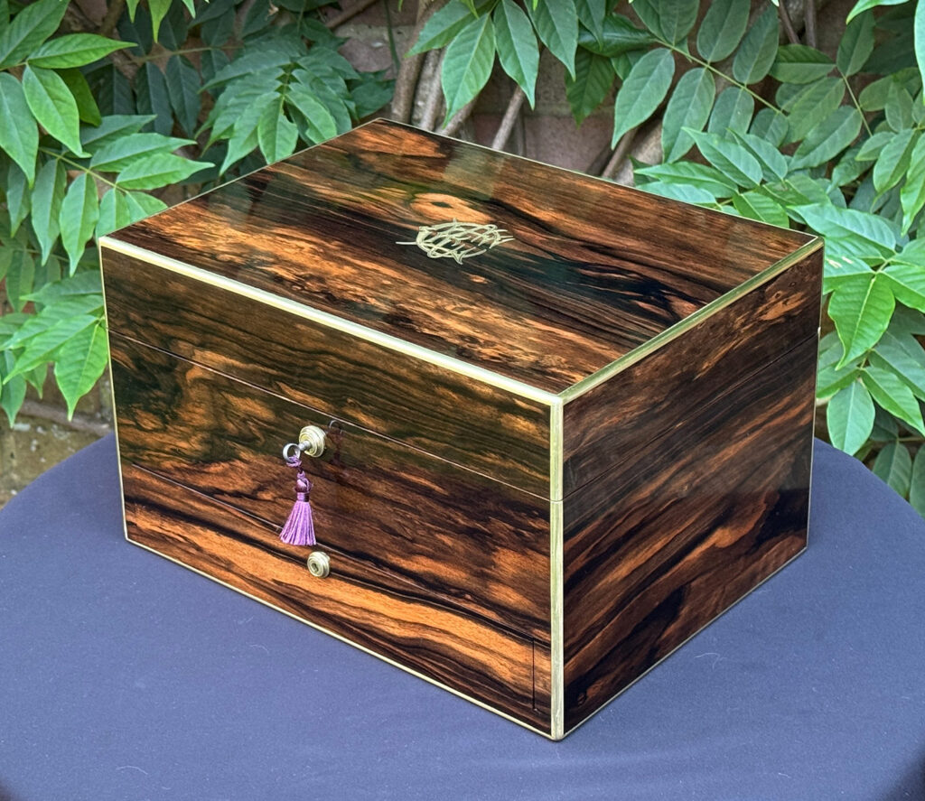 Front right view of an Antique Jewellery Box in Coromandel by Pittway Brothers.