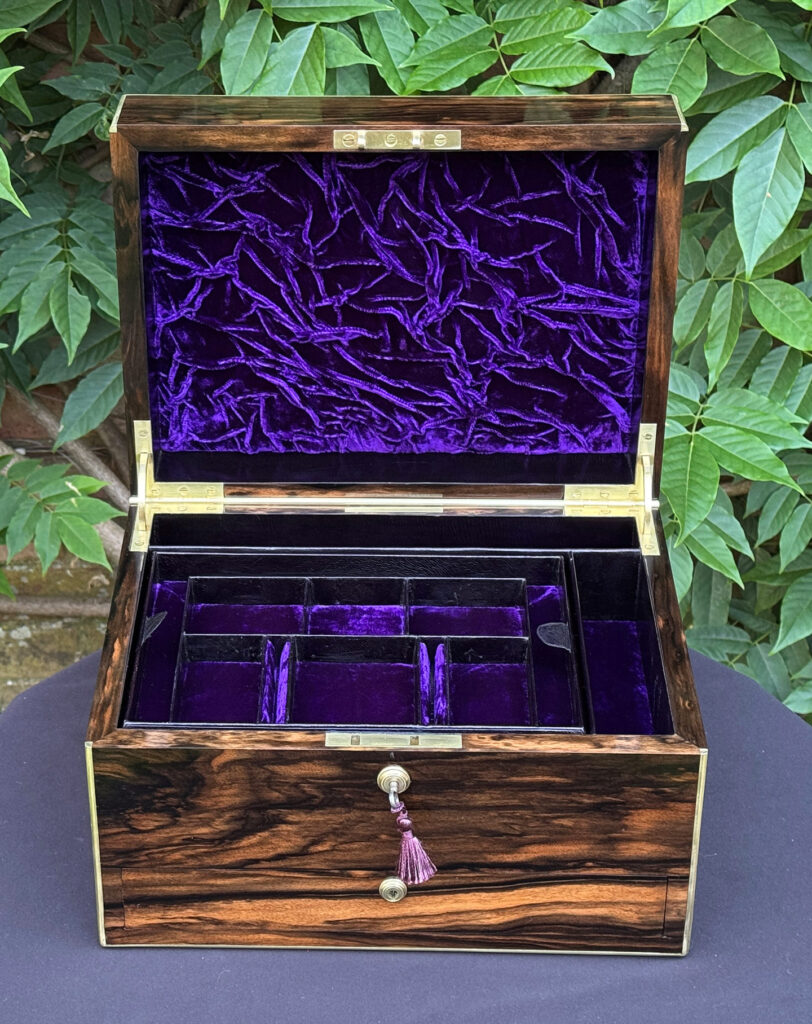 Front internal view of an Antique Jewellery Box in Coromandel by Pittway Brothers.