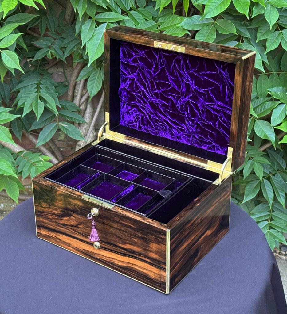 Front right internal view of an Antique Jewellery Box in Coromandel by Pittway Brothers.