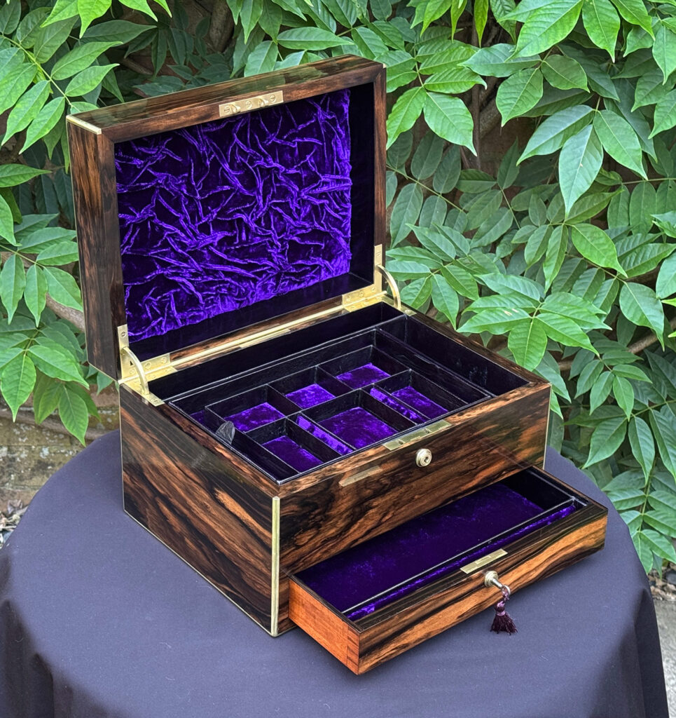 Front left internal view of an Antique Jewellery Box in Coromandel by Pittway Brothers.