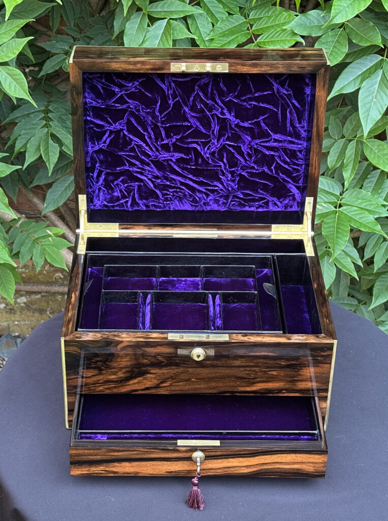 Front internal view of an Antique Jewellery Box in Coromandel by Pittway Brothers.