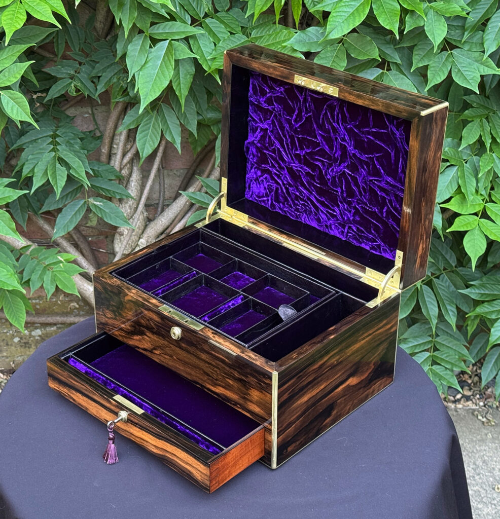 Front right internal view of an Antique Jewellery Box in Coromandel by Pittway Brothers.