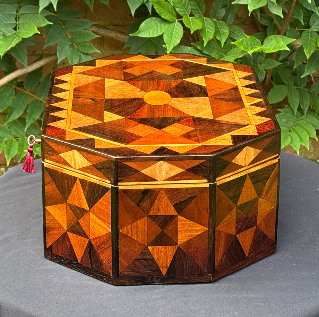 Daniel Lucian Large Antique Octagonal Jewellery Box with Parquetry Inlay.
