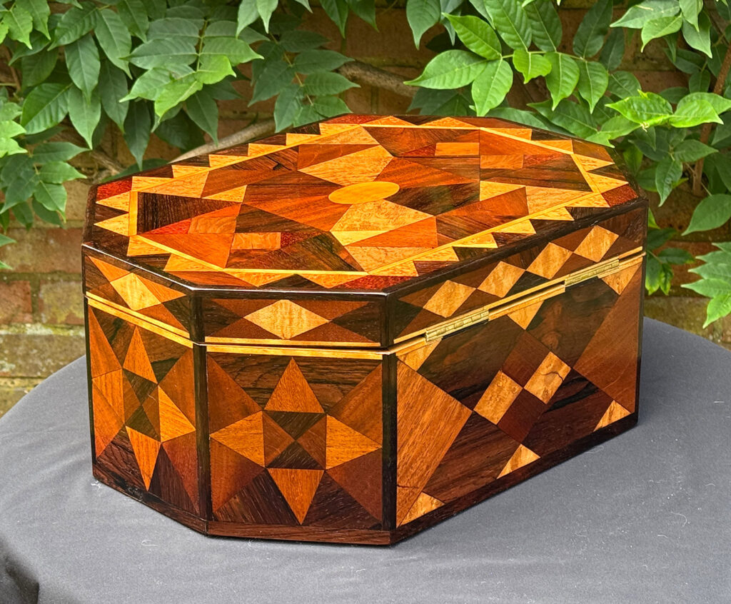 Rear right view of a Large Antique Octagonal Jewellery Box with Parquetry Inlay.