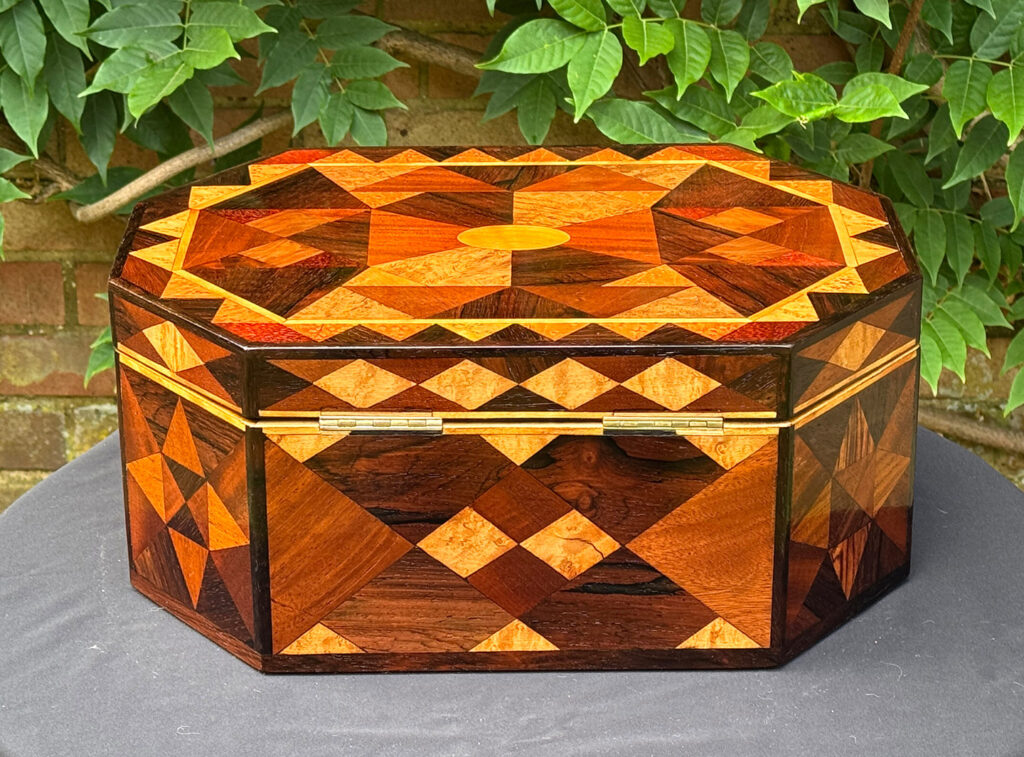 Rear view of a Large Antique Octagonal Jewellery Box with Parquetry Inlay.