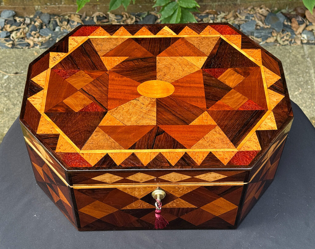 Overhead view of a Large Antique Octagonal Jewellery Box with Parquetry Inlay.