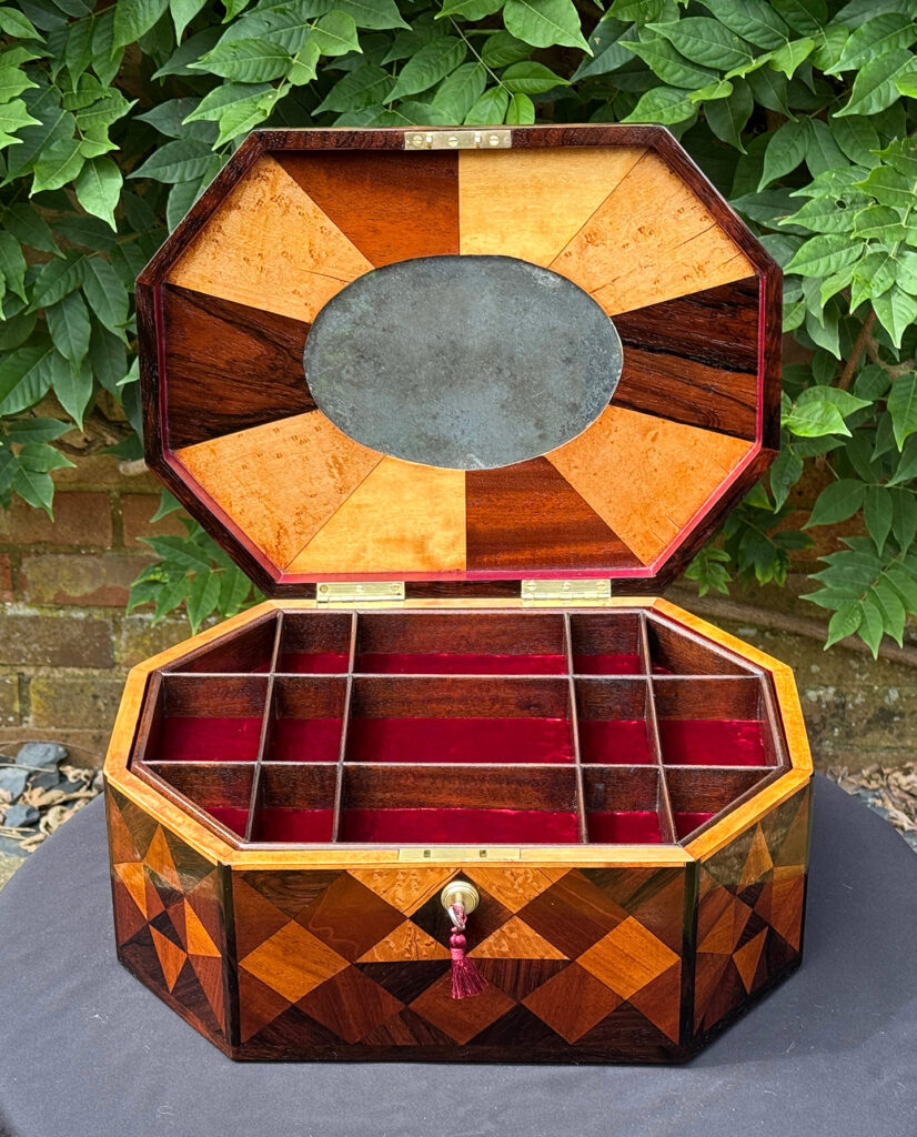 Front right internal view of a Large Antique Octagonal Jewellery Box with Parquetry Inlay.