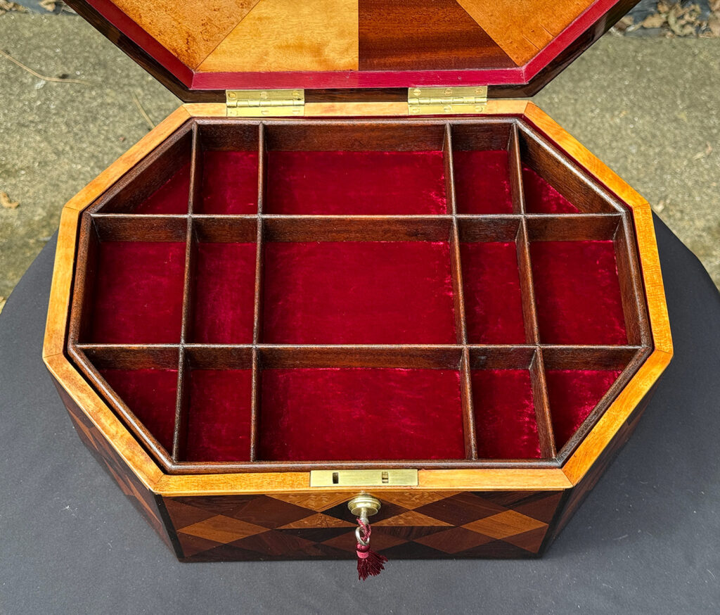 Overhead close up internal view of the interior of a Large Antique Octagonal Jewellery Box with Parquetry Inlay.