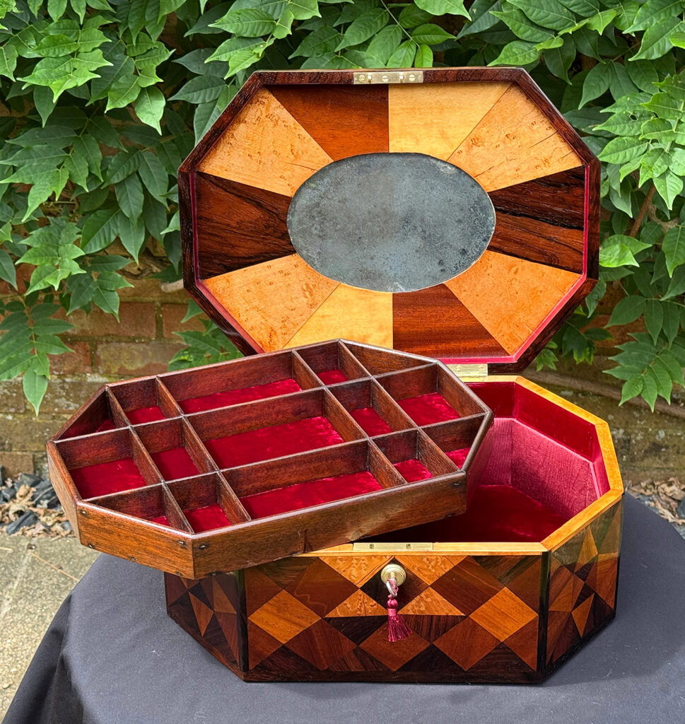 Front internal view of a Large Antique Octagonal Jewellery Box with Parquetry Inlay with tray removed.