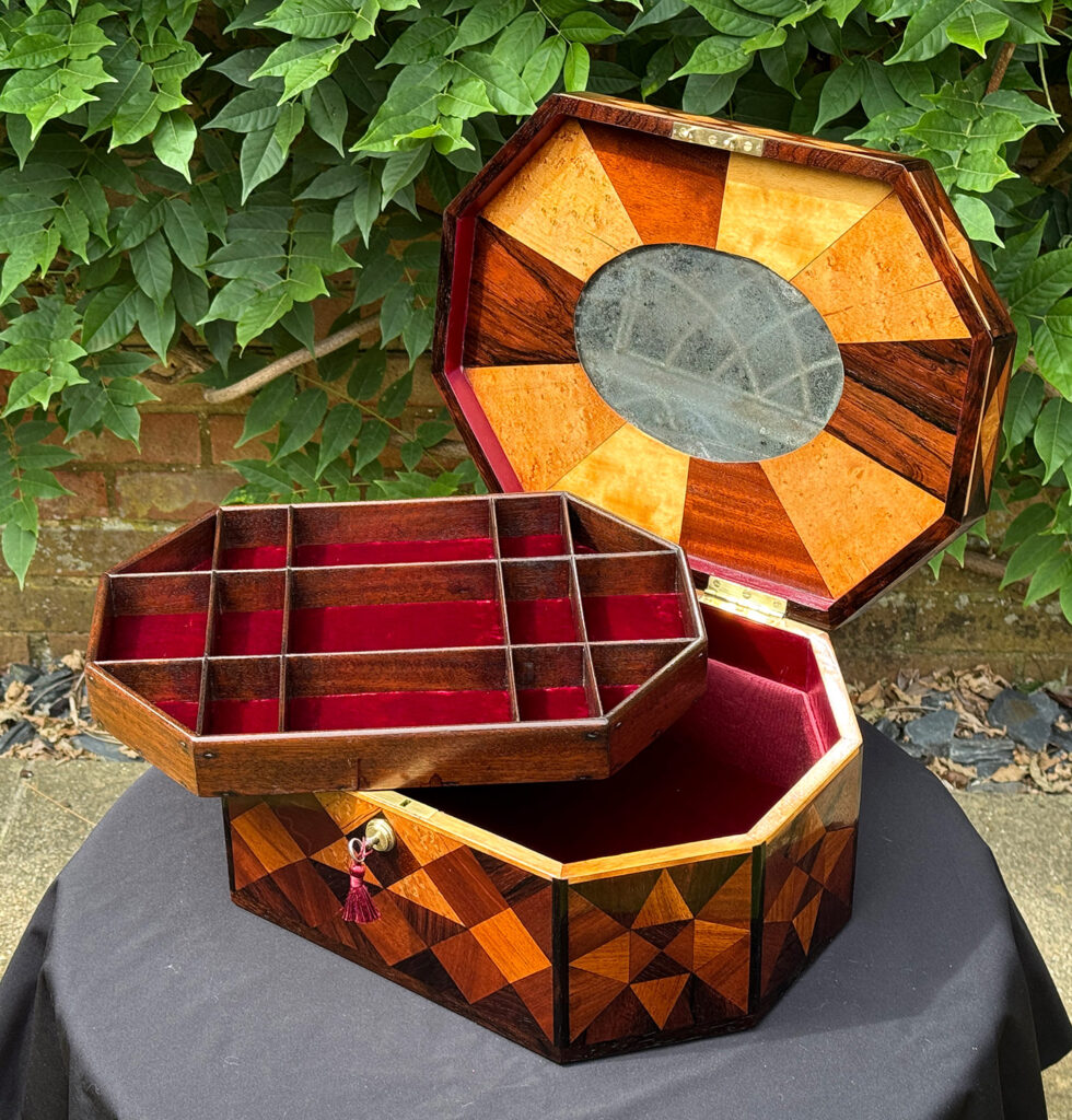 Front right overhead internal view of a Large Antique Octagonal Jewellery Box with Parquetry Inlay.