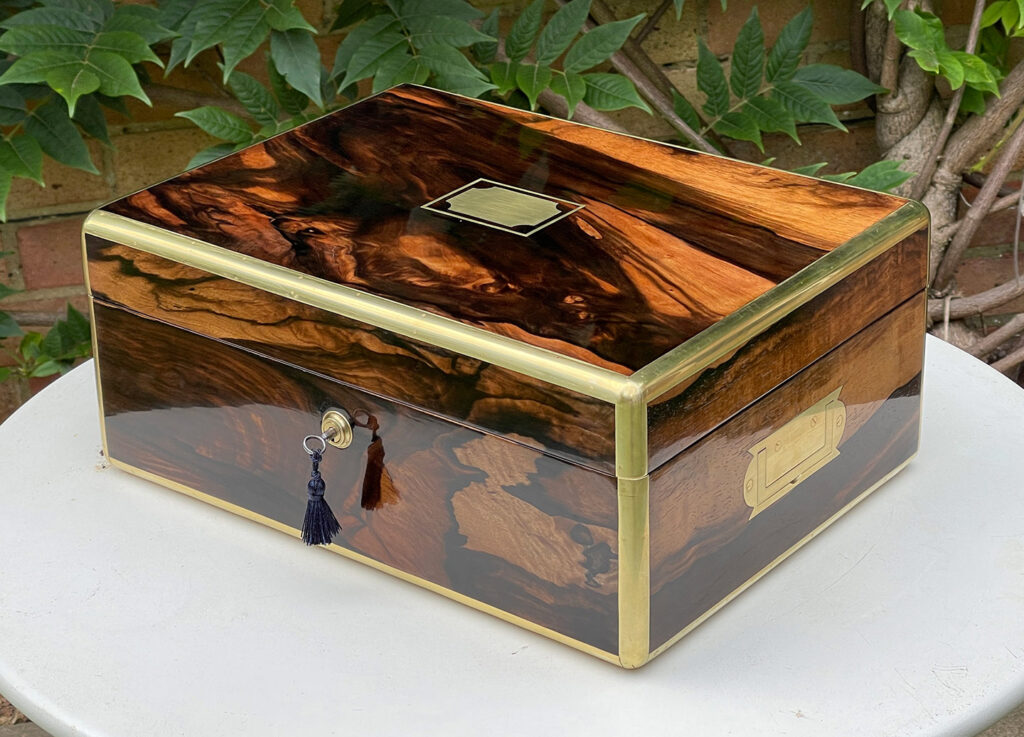 Front right view of an Antique Jewellery Box in Calamander.