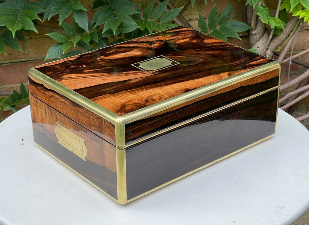 Rear right view of an Antique Jewellery Box in Calamander.