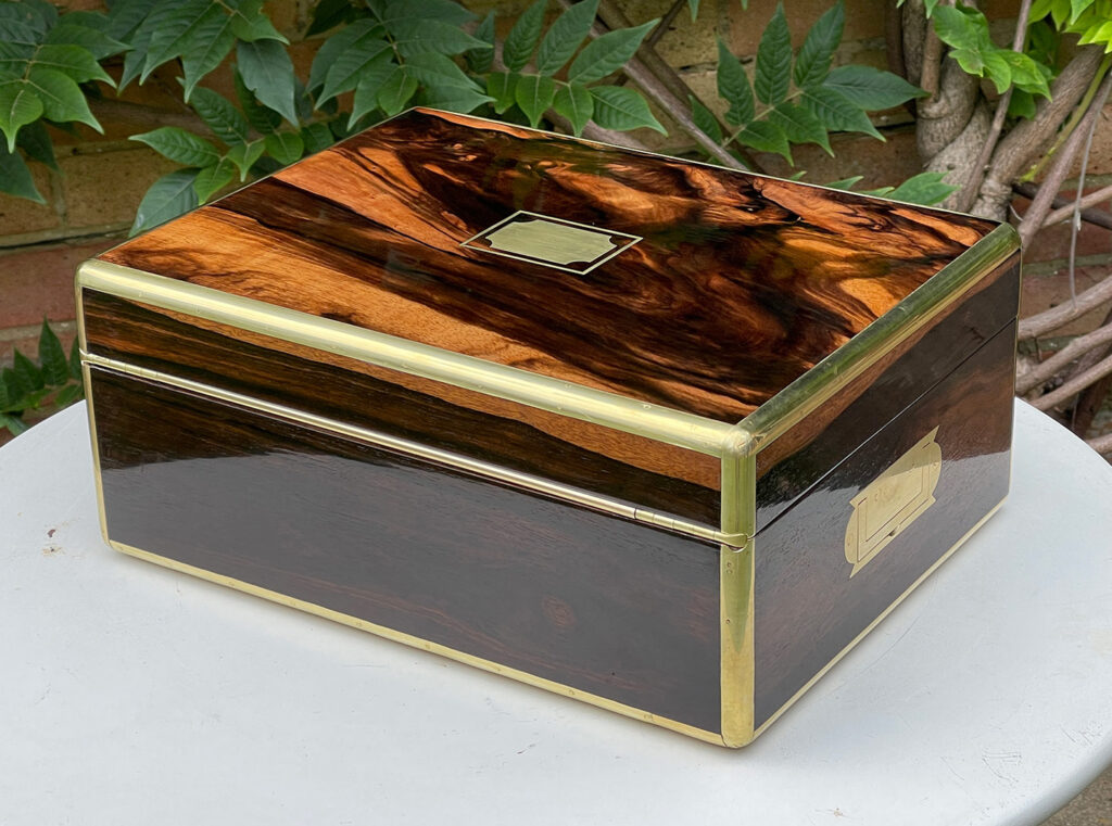 Rear left view of an Antique Jewellery Box in Calamander.