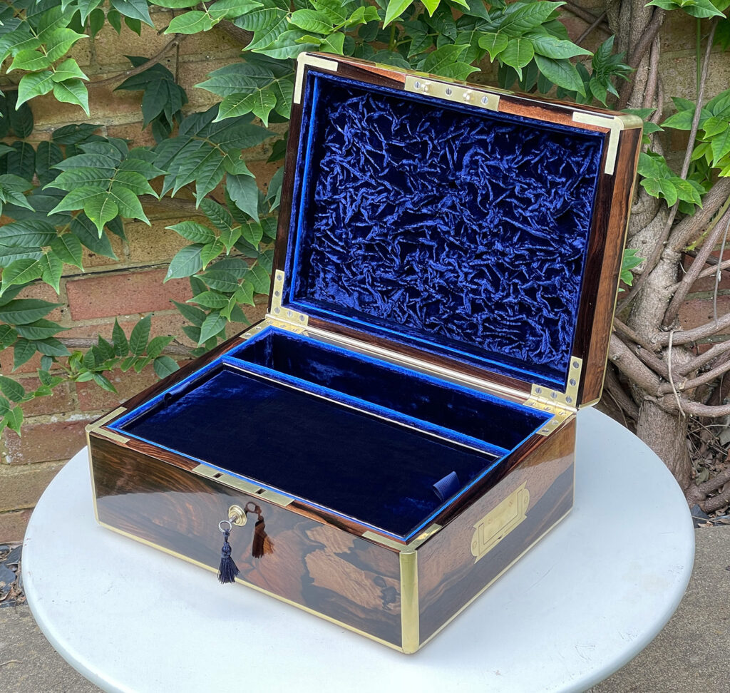 Front right internal view of an Antique Jewellery Box in Calamander.