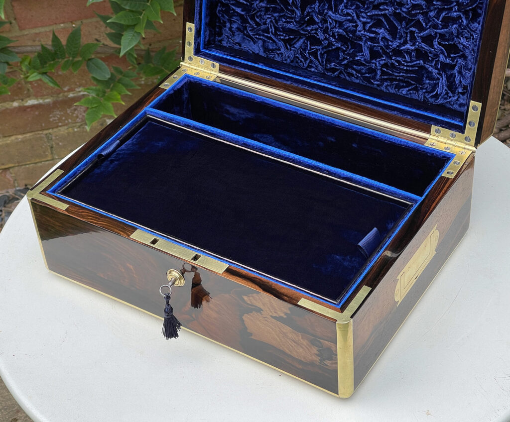 Closer interior view of an Antique Jewellery Box in Calamander.