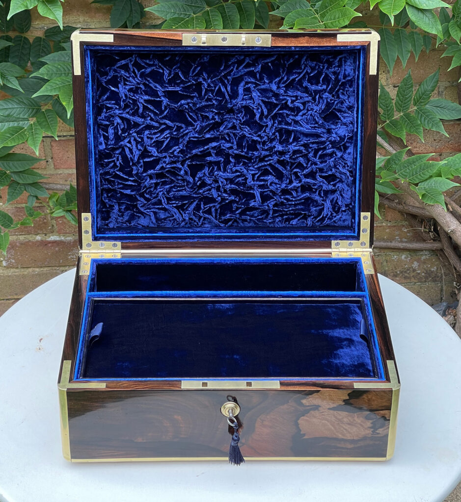 Front internal view of an Antique Jewellery Box in Calamander.