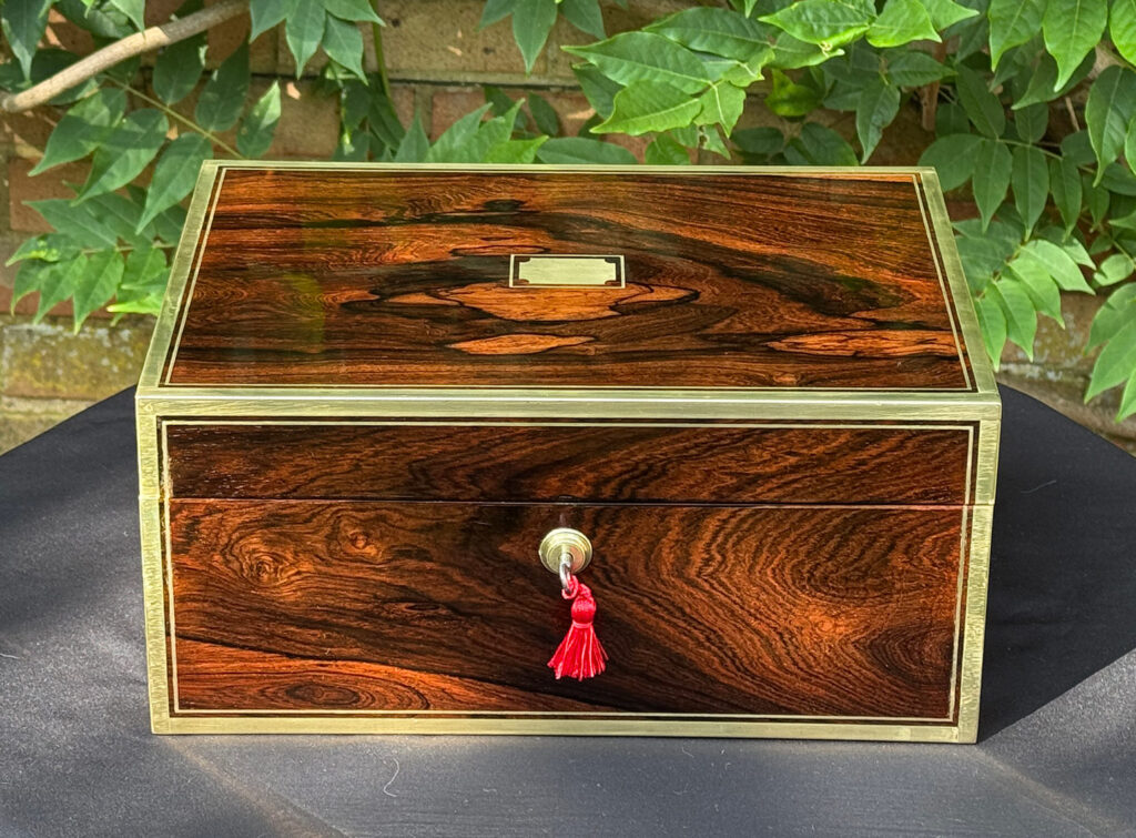 Front view of an Antique Jewellery Box in Rosewood with Bramah Lock, by David Edwards.