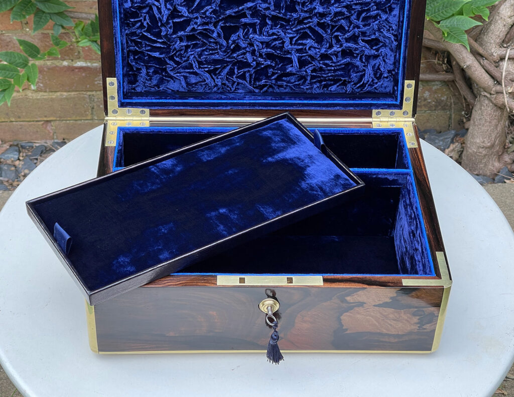 Closer front internal view of an Antique Jewellery Box in Calamander.