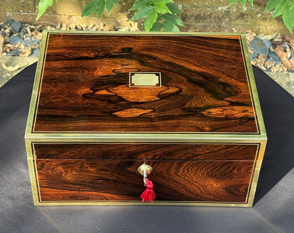 Overhead view of an Antique Jewellery Box in Rosewood with Bramah Lock, by David Edwards.