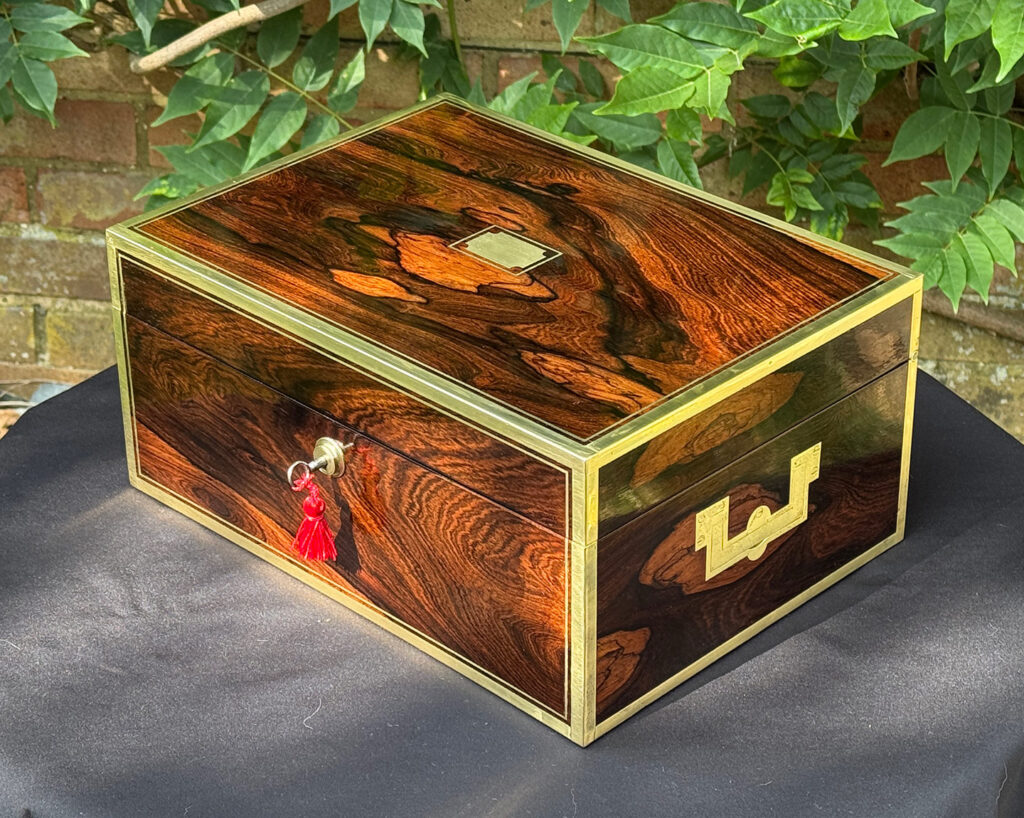 Front right view of an Antique Jewellery Box in Rosewood with Bramah Lock, by David Edwards.