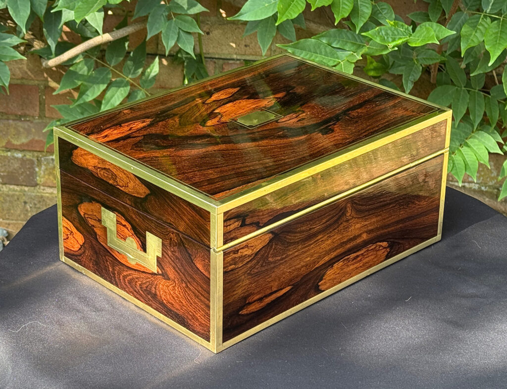 Rear right view of an Antique Jewellery Box in Rosewood with Bramah Lock, by David Edwards.