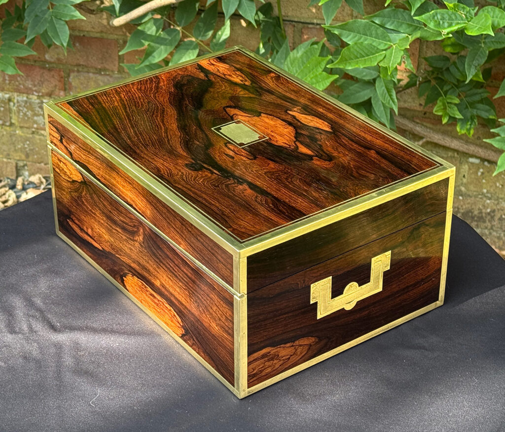 Rear left view of an Antique Jewellery Box in Rosewood with Bramah Lock, by David Edwards.