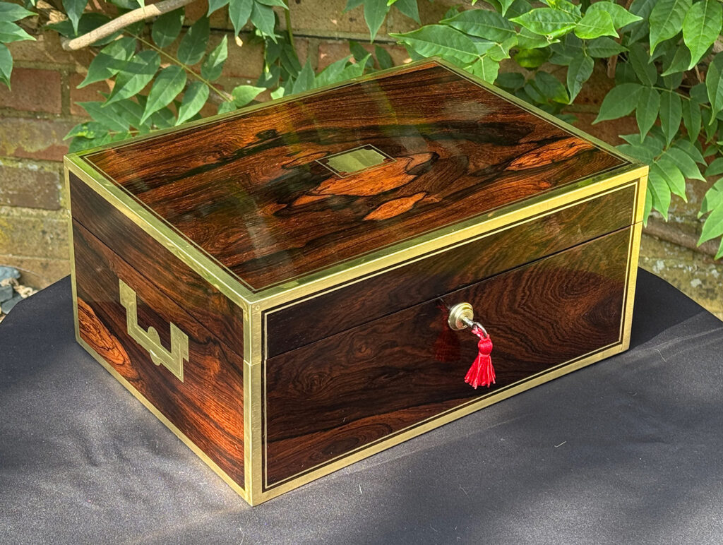Front left view of an Antique Jewellery Box in Rosewood with Bramah Lock, by David Edwards.