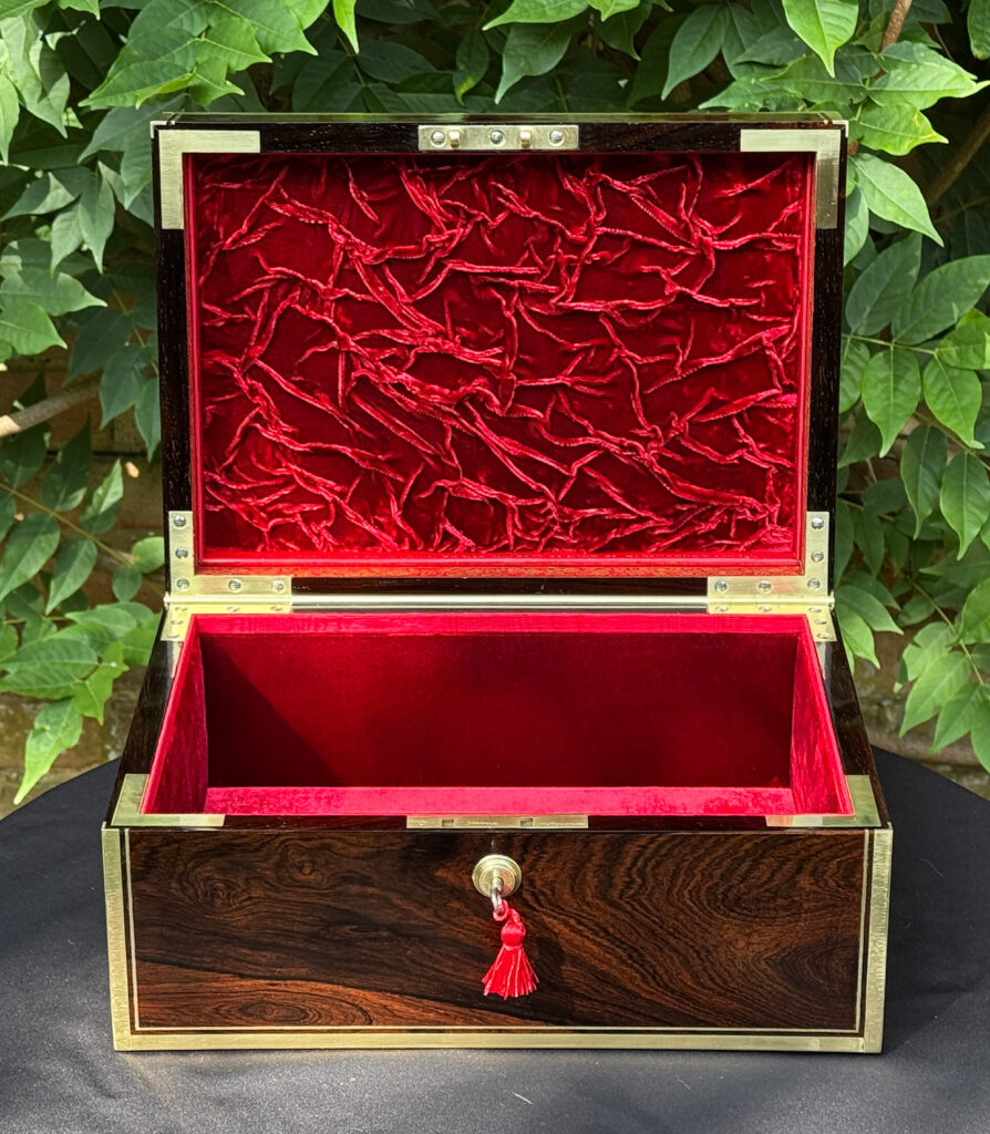 Front internal view of an Antique Jewellery Box in Rosewood with Bramah Lock, by David Edwards.