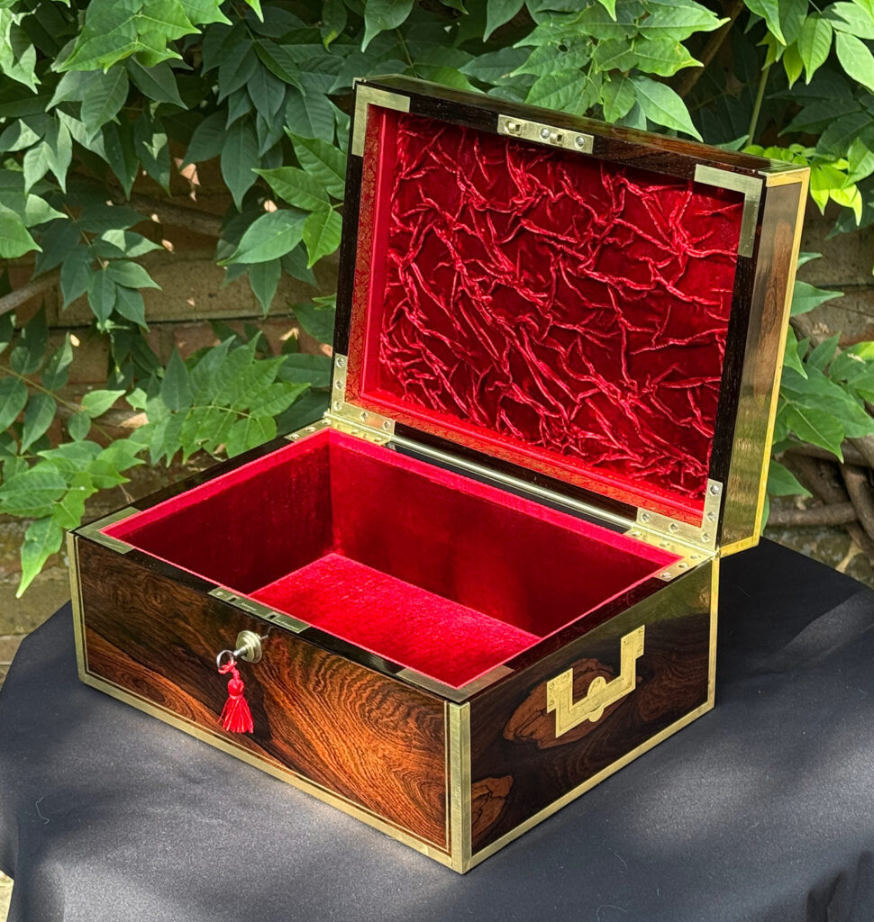 Front right internal view of an Antique Jewellery Box in Rosewood with Bramah Lock, by David Edwards.