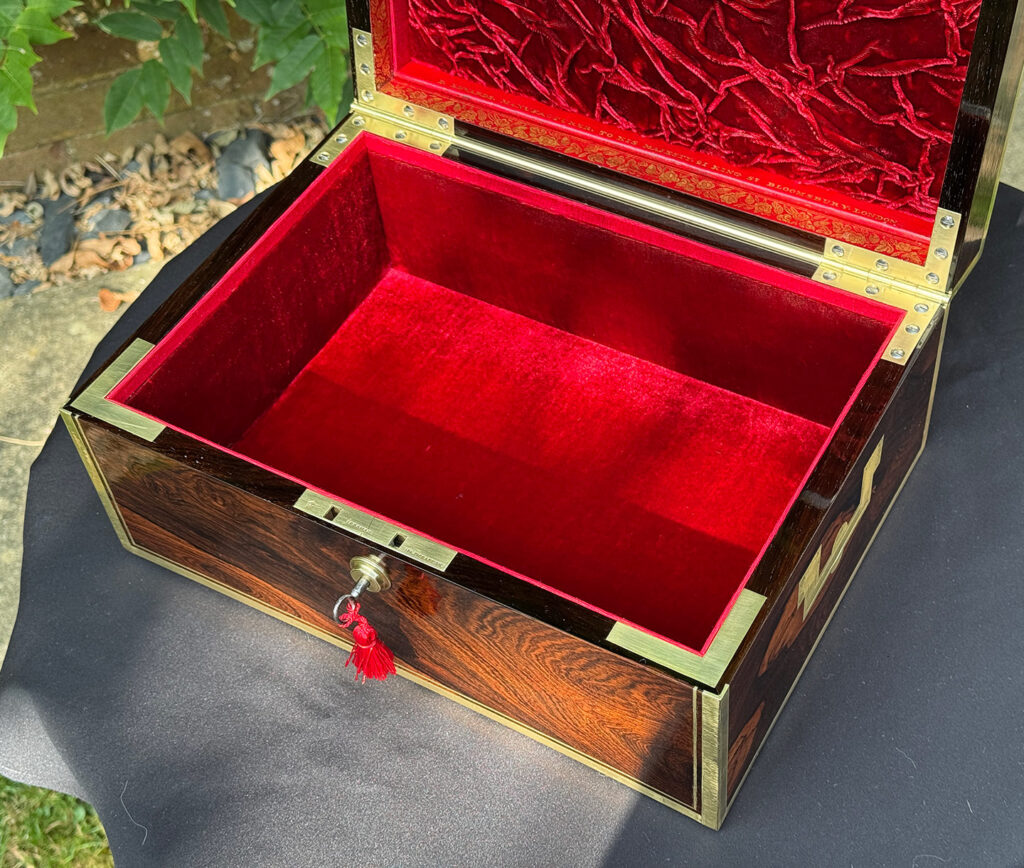 Closer internal view of an Antique Jewellery Box in Rosewood with Bramah Lock, by David Edwards.
