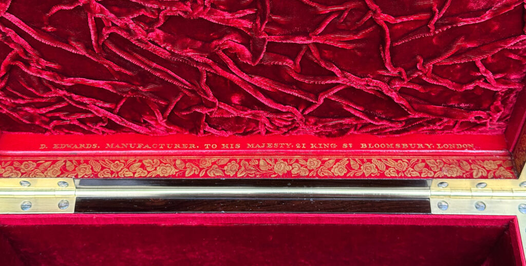 Gold tooled manufacturers mark from an Antique Jewellery Box in Rosewood with Bramah Lock, by David Edwards.