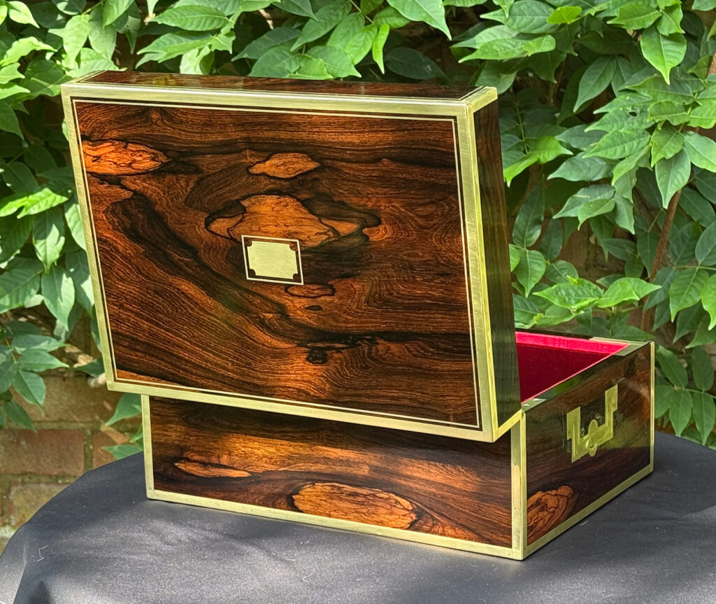 Rear open view of an Antique Jewellery Box in Rosewood with Bramah Lock, by David Edwards.