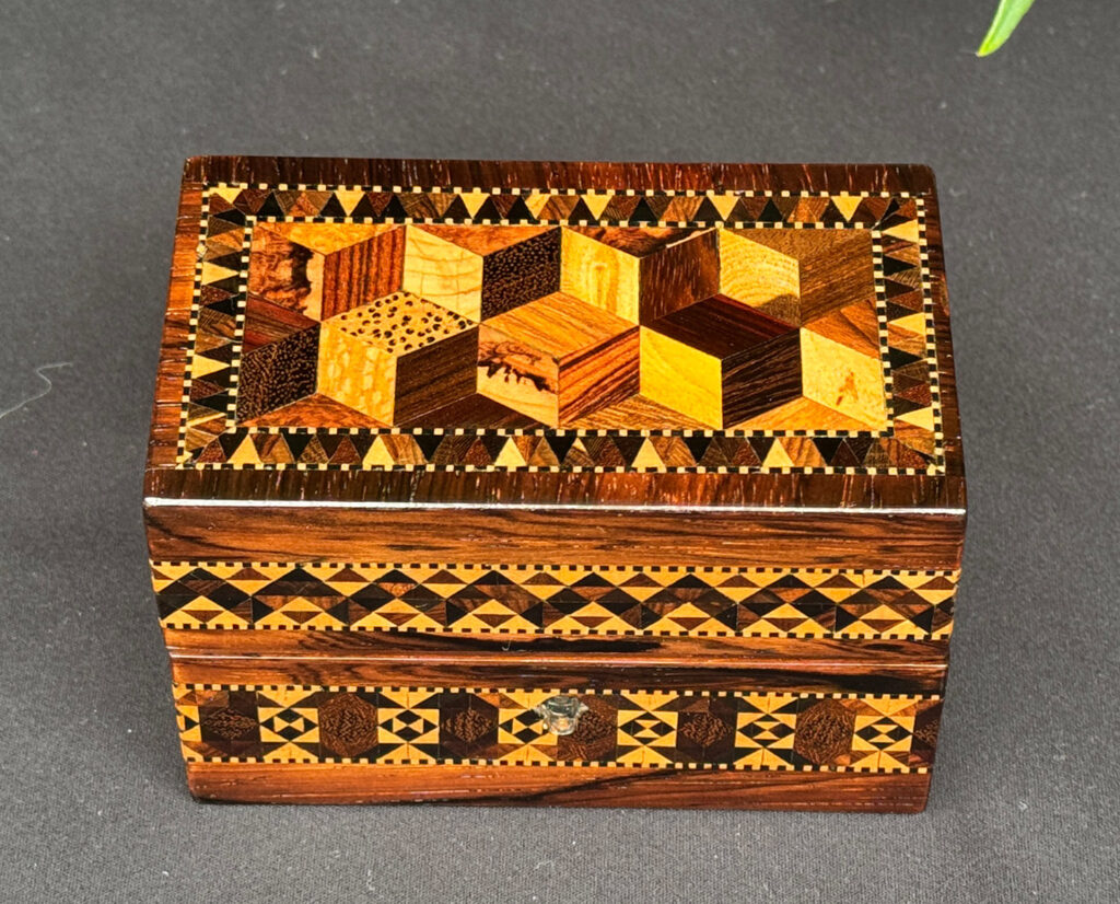 Front overhead view of an Antique Miniature Jewellery Box with Parquetry Inlay.